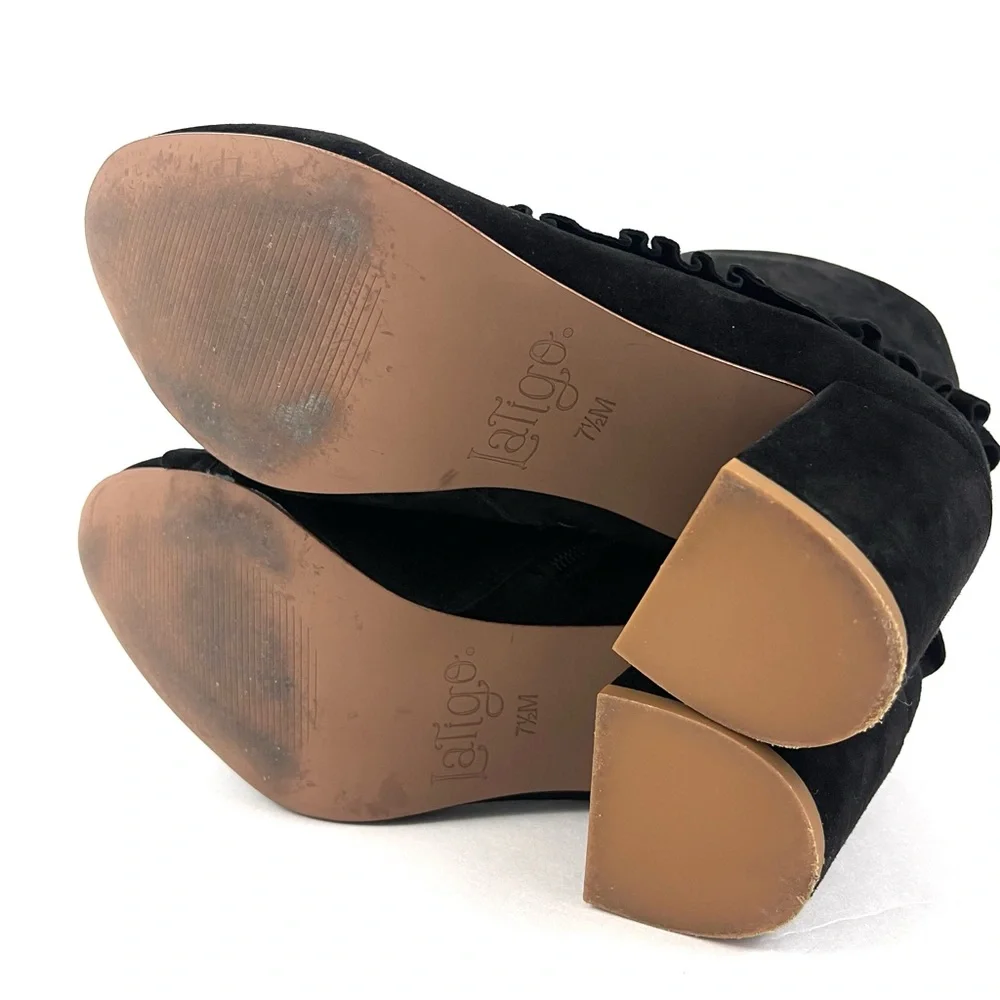 Latigo Kahlia Black Suede Boot with Ruffle Detail Block Heel Ankle Booties